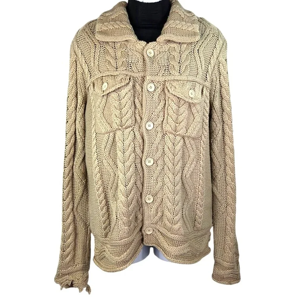 Vintage 1970's University Forum Beige Cable Knit Cardigan Jacket Wool Blend But - Picture 2 of 8